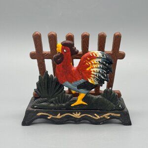 Vintage Cast Iron Rooster Napkin Holder Hand Painted Farmhouse Table Accent